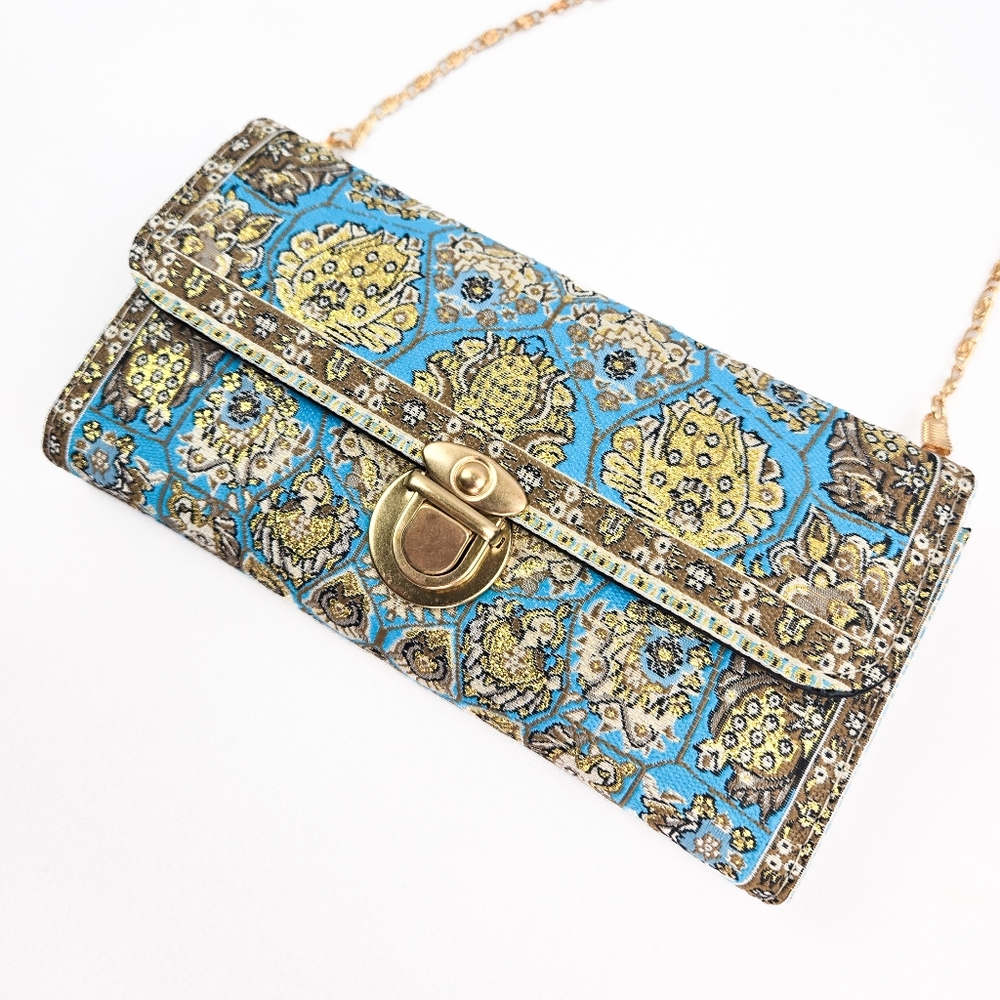 NWT Brocade Crossbody Clutch Purse, Blue, Tan, and Gold